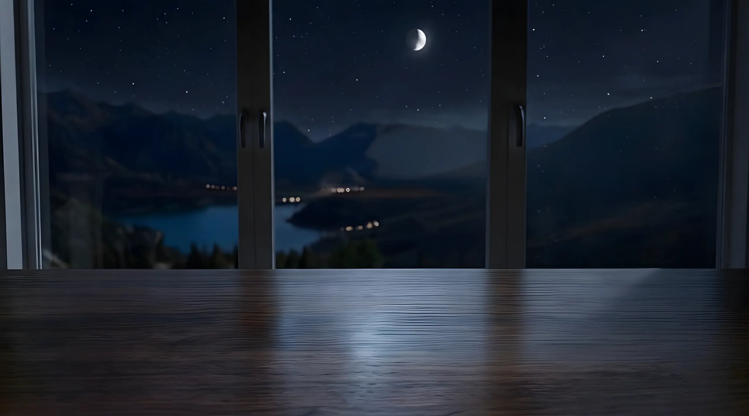 Desk with night mountain view